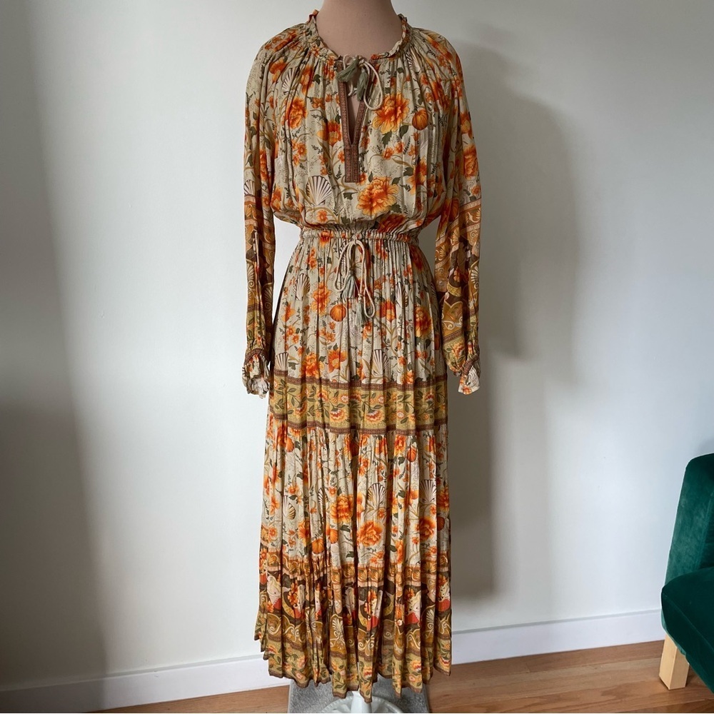 Spell & The Gypsy Collective Sand Seashell Gown Floral Long Sleeve Dress EUC XXS